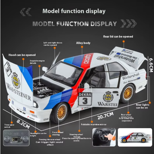 1:24 BMW M3 E30 1987 DTM Diecast Car Model | Alloy Metal Body | Sound & Light | Opening Doors | Pull Back Action | Collectible Toy view 6