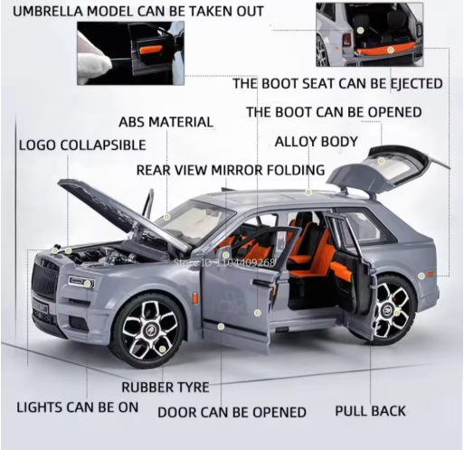 1:20 Scale Rolls Royce Cullinan Diecast Car Model Alloy Luxury SUV Toy with Light Sound Pull Back Open Doors for Kids & Collectors view 10