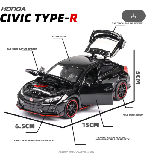1:32 Honda Civic Type-R Diecast Alloy Model Car | Metal Body | Sports Hatchback Toy | Collector Model alternate view